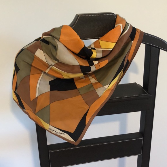 Guy Laroche Paris geometric design scarf.  Orange, rust, brown, black, green. - Picture 3 of 7